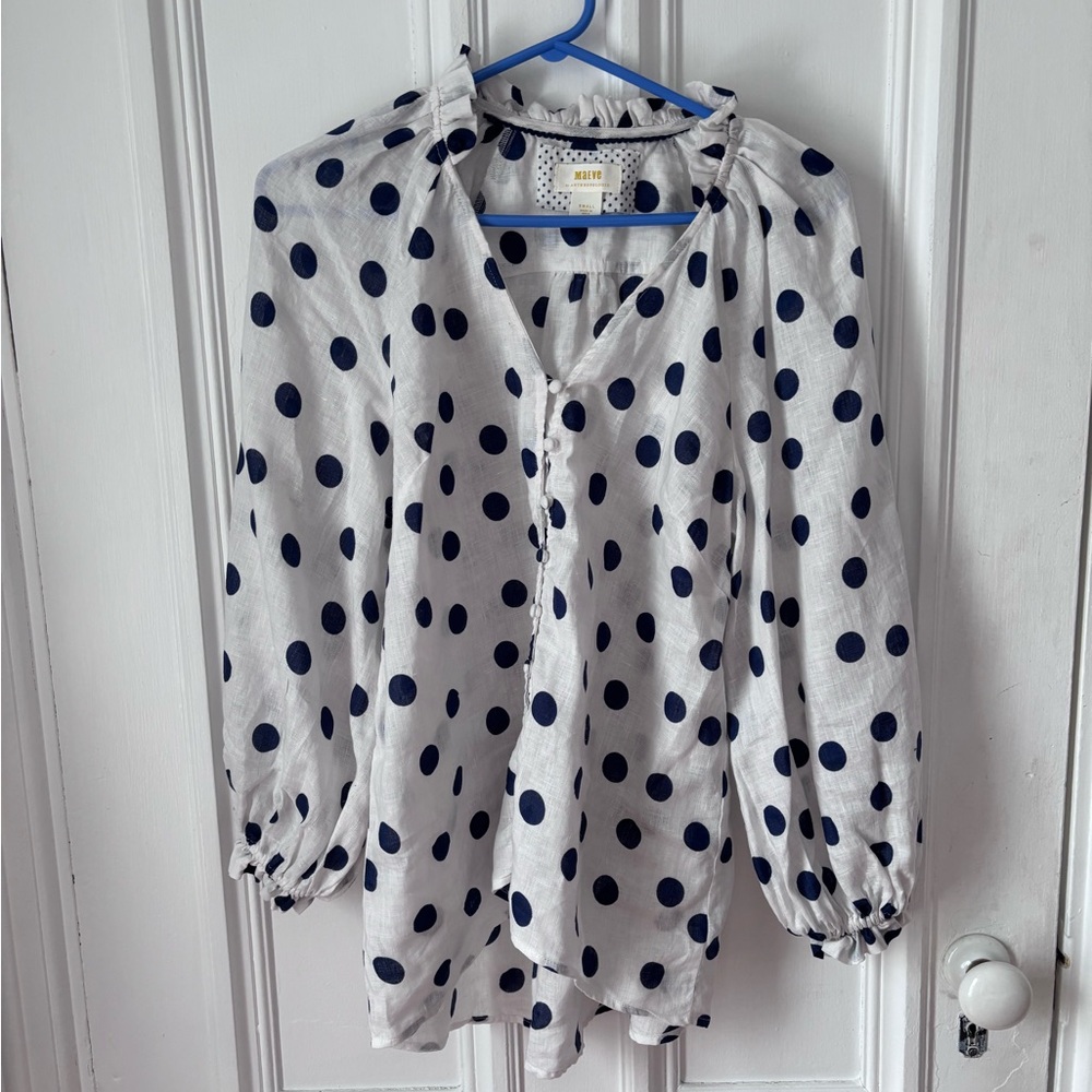 Women’s Maeve Anthropologie Linen Audie Puff Sleeve Polka Dot Blouse Size Small